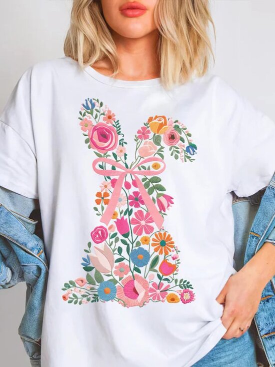 Tops - Easter Bunny Floral Tee, Happy Easter Shirt, Cute Easter Gift